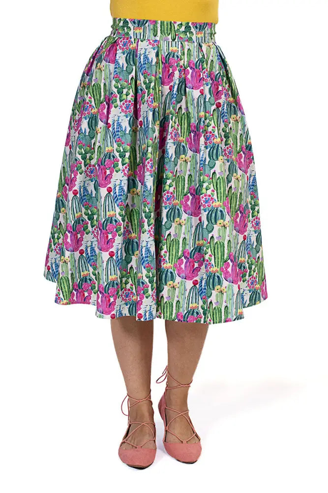 Doris cactus floral a-line midi skirt with pockets in vibrant pink green and blue cactus and floral pattern on white