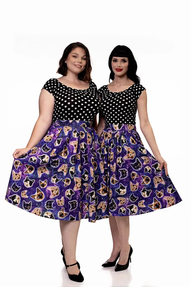 Space cats galaxy print vintage purple and black cat-themed flared skirt with galaxy print design