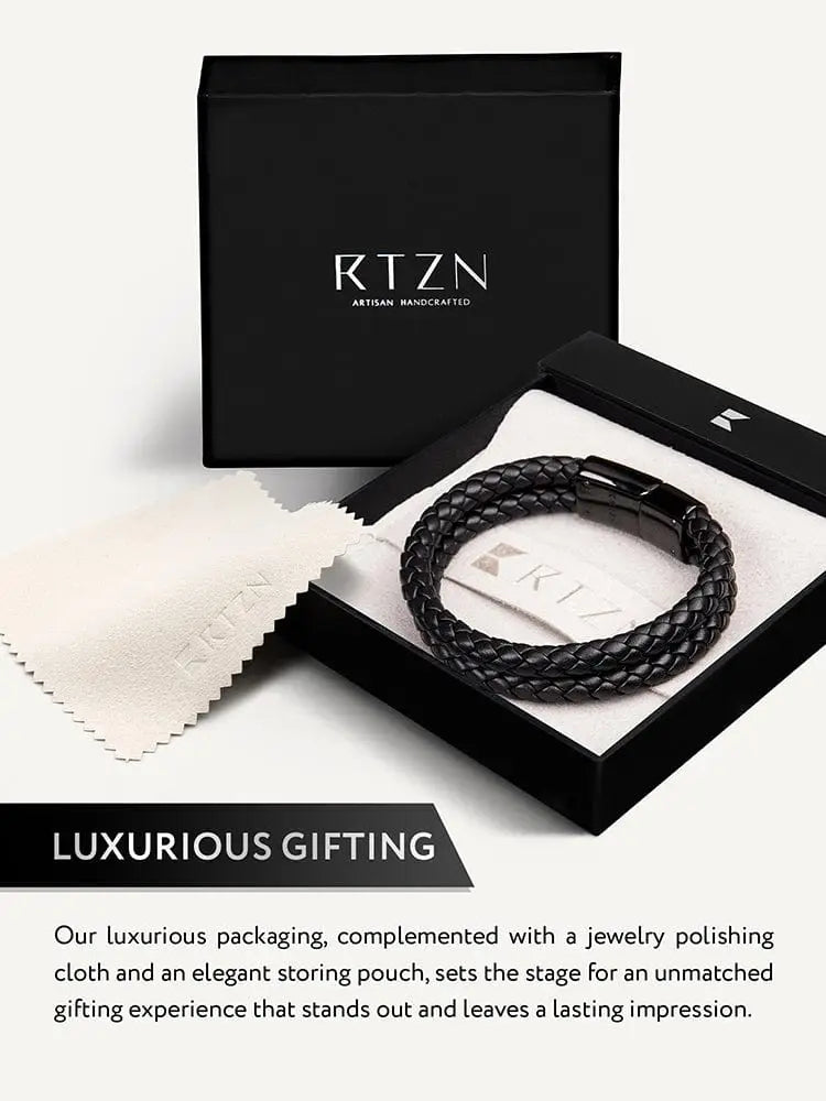 Double black braided leather bracelet with magnetic clasp in elegant rtzn artisan handcrafted packaging