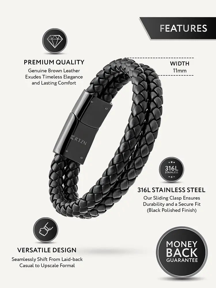 Black double braided leather bracelet with sleek 316l stainless steel magnetic clasp for secure wear
