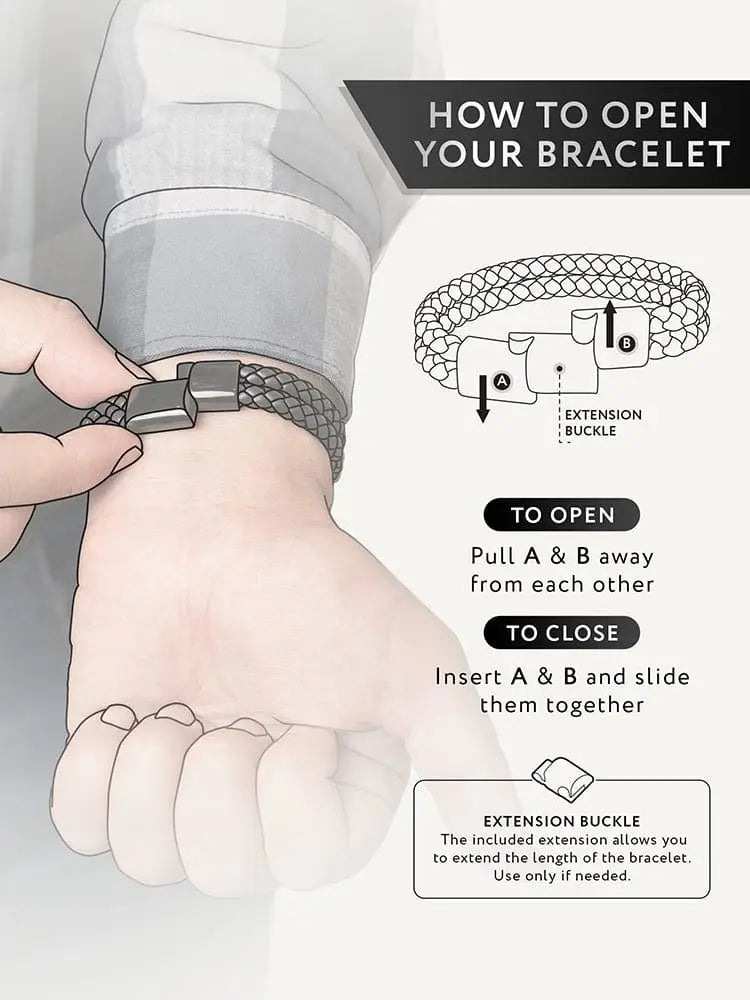 Double black braided leather bracelet with gray leather and silver-toned magnetic clasp with extension buckle