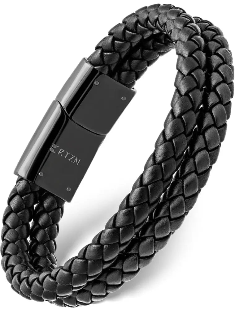 Double black braided leather bracelet with a sleek black magnetic clasp featuring the rtzn logo