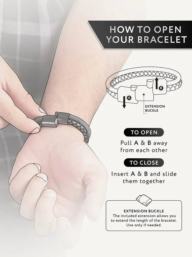 Gray braided leather bracelet with metallic extension buckle from double black suede and braided leather steel bracelet collection