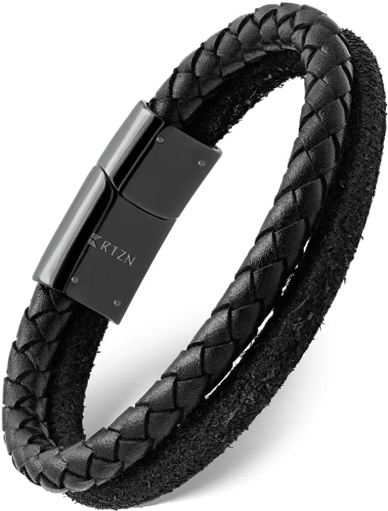 Double black suede and braided leather steel bracelet with black braided leather and sleek black magnetic rtzn clasp