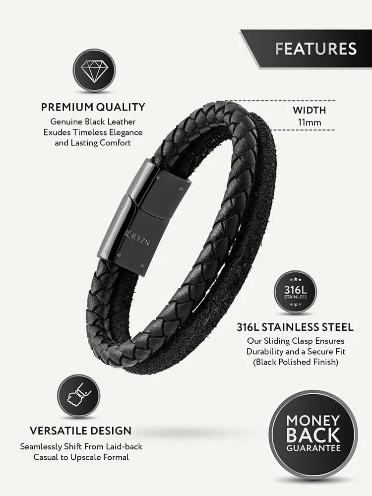 Double black suede and braided leather steel bracelet with black braided leather and 316l stainless steel clasp