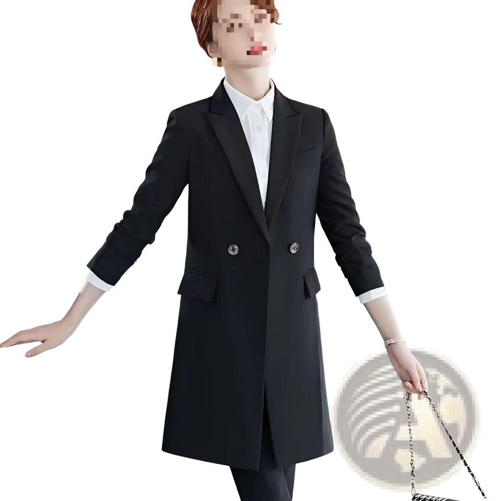 Black double-breasted blazer with silver buttons and white cuffs combining formal style and casual elegance