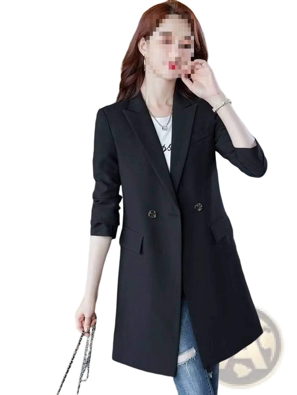 Black double breasted blazer with three quarter sleeves and flap pockets in a casual tailored design
