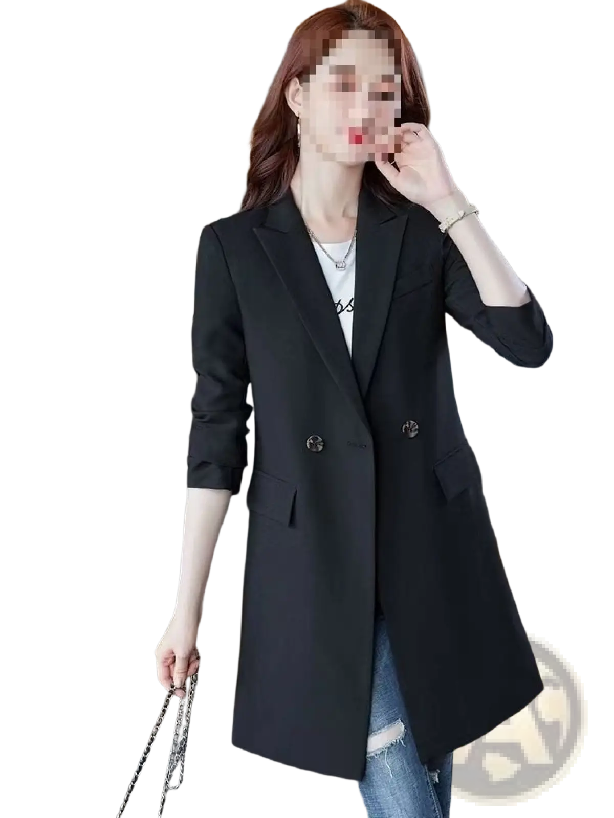 Black double breasted blazer with three quarter sleeves and flap pockets in a casual tailored design