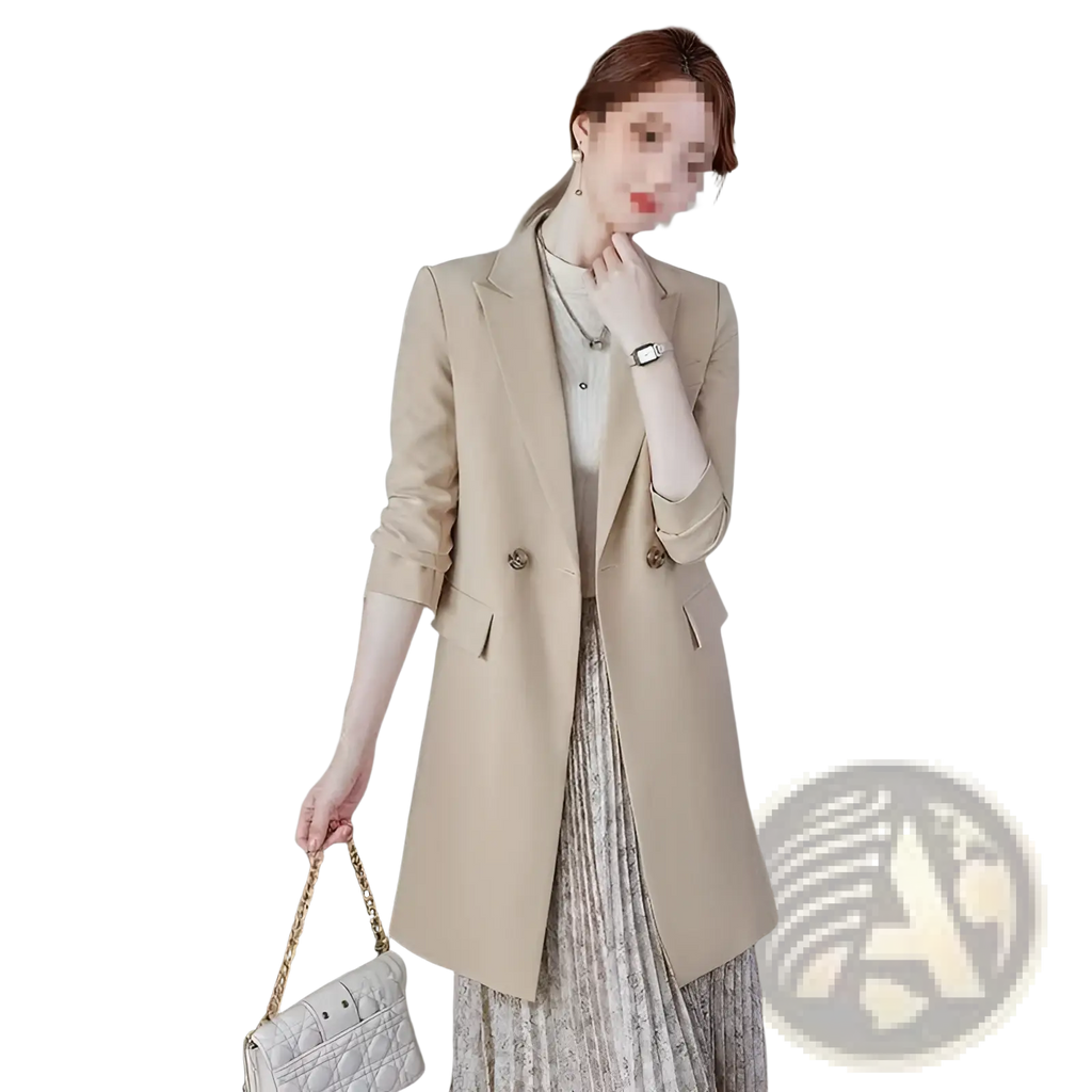 Double breasted beige casual blazer with gold toned buttons and rolled up sleeves made from soft fabric