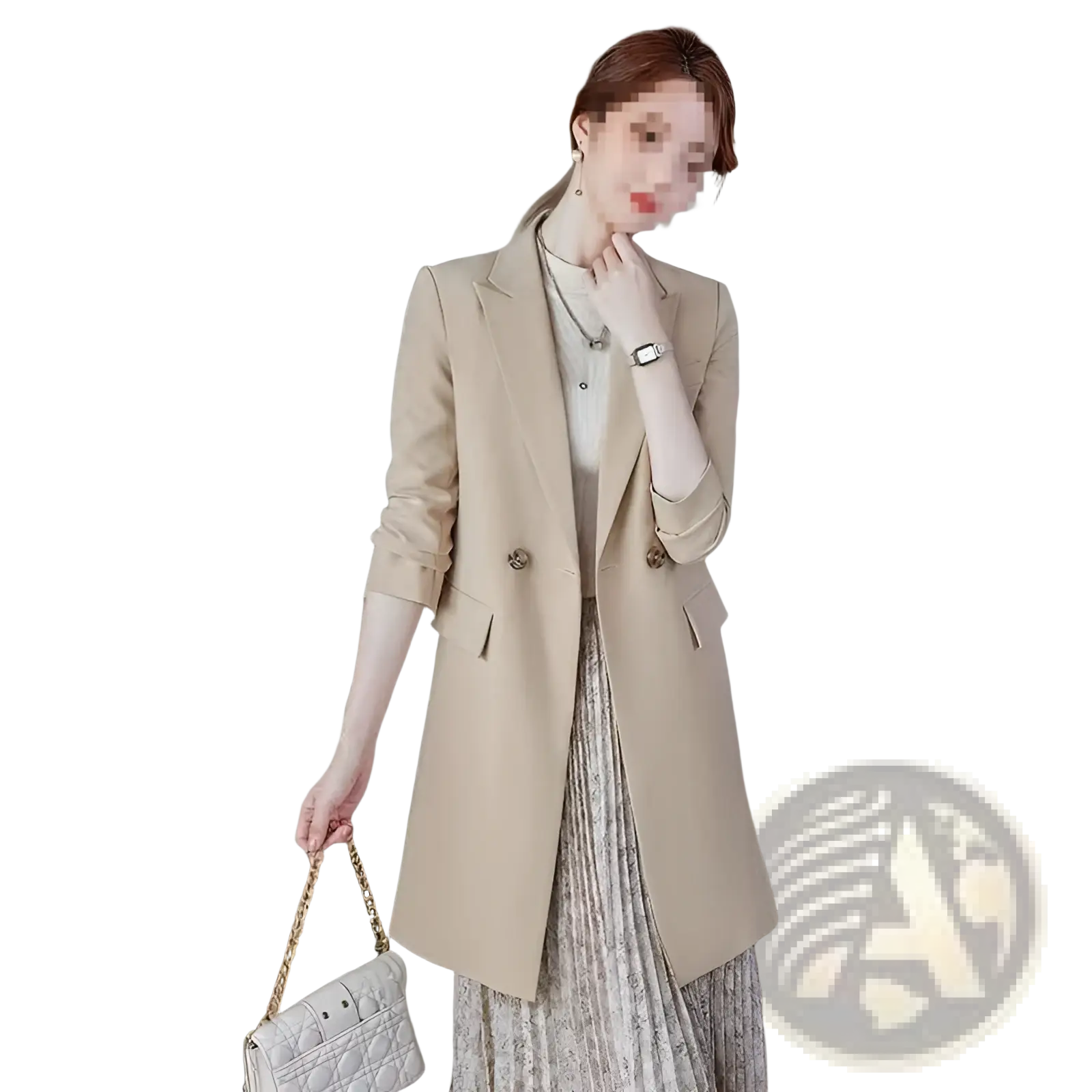 Double breasted beige casual blazer with gold toned buttons and rolled up sleeves made from soft fabric