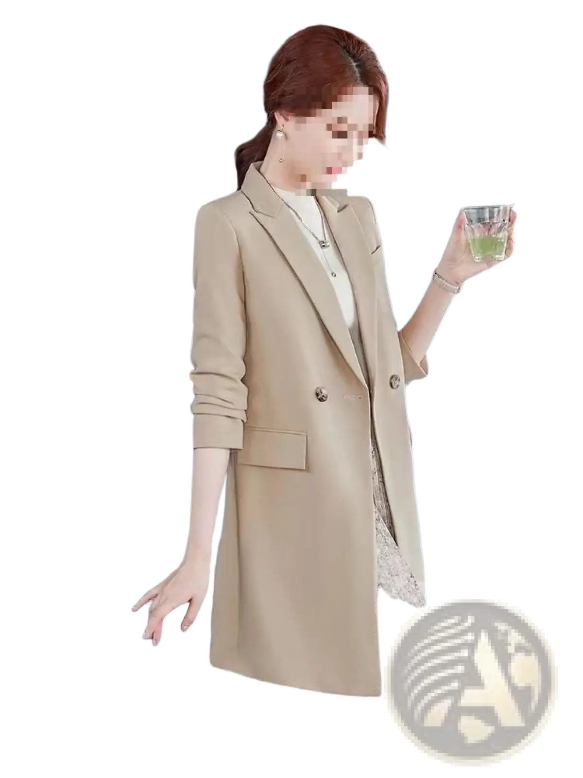 Beige double breasted casual blazer with tailored fit and subtle button detailing for formal and casual wear