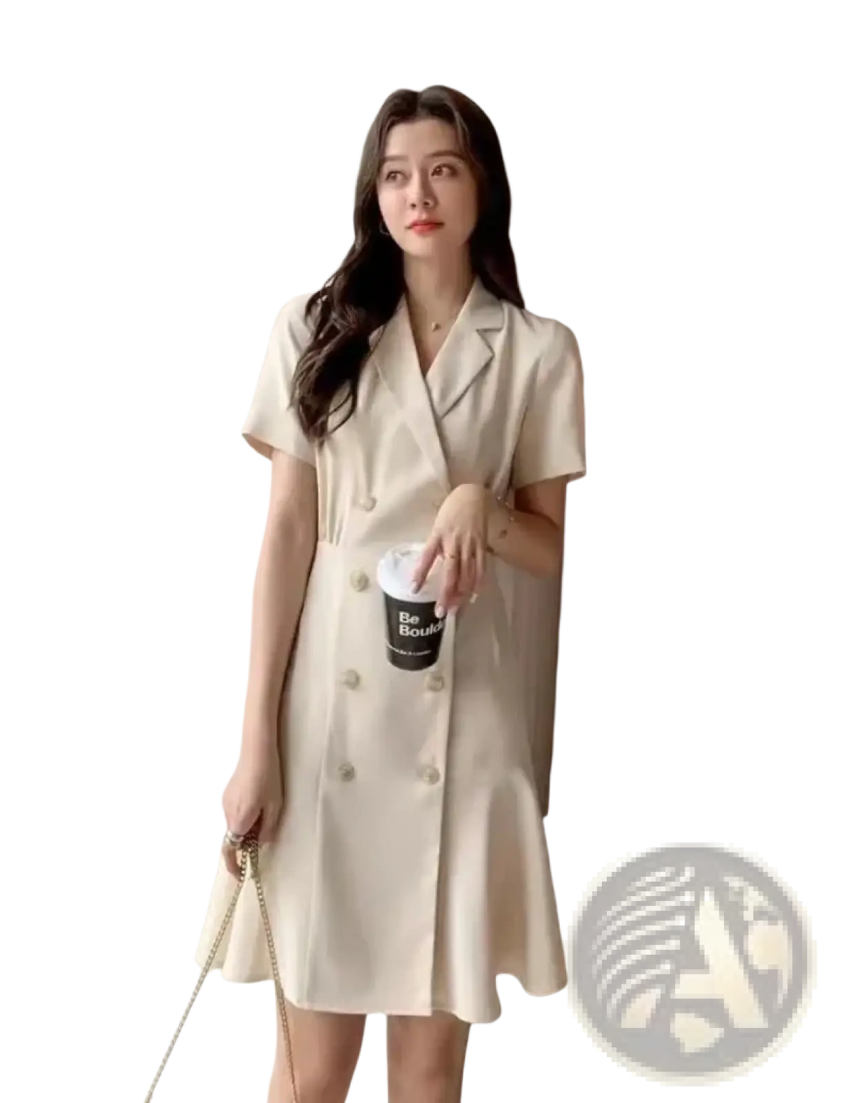 Beige short-sleeved double breasted blazer dress with button details ideal for formal or office wear