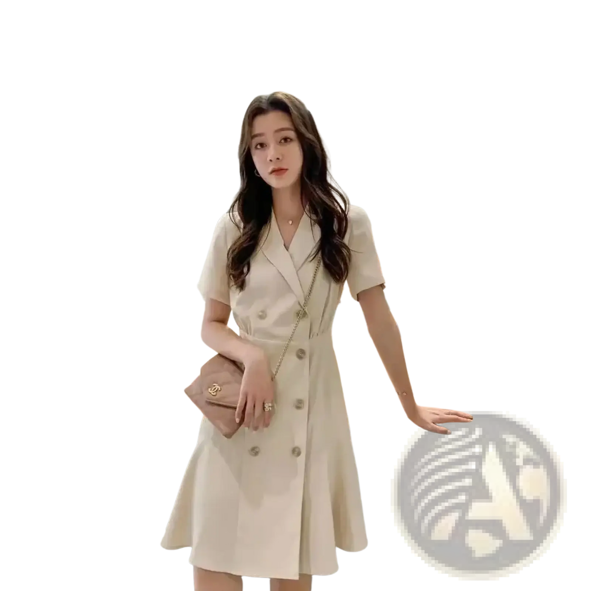 Beige double breasted short sleeve blazer dress with tailored collar and flared skirt made from lightweight fabric