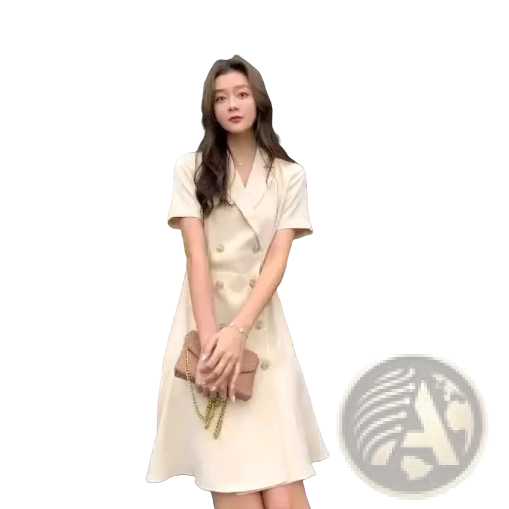 Beige double breasted short sleeve blazer dress with v neckline and flared skirt in lightweight fabric