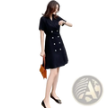 Black double breasted short sleeved blazer dress with silver buttons suitable for formal or office wear