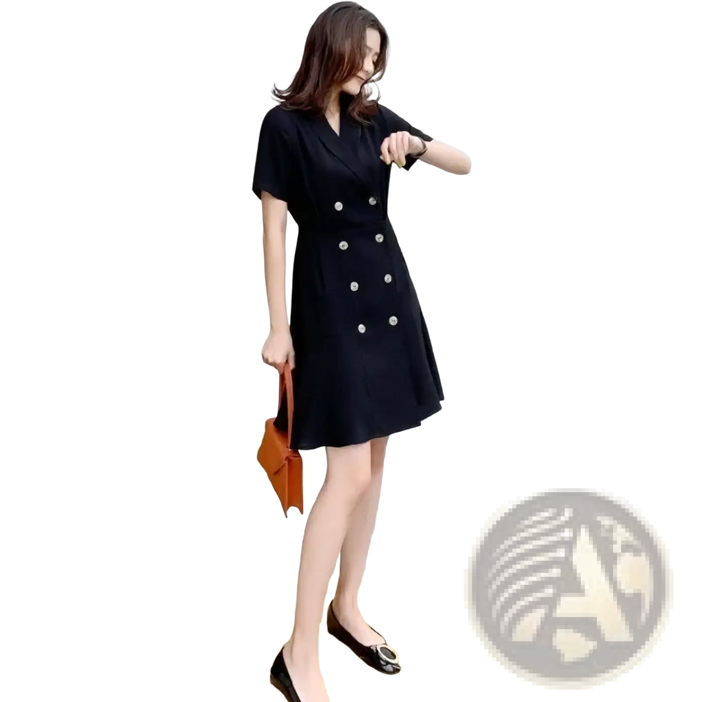 Black double breasted short-sleeved blazer dress with silver buttons ideal for formal and semi-formal occasions