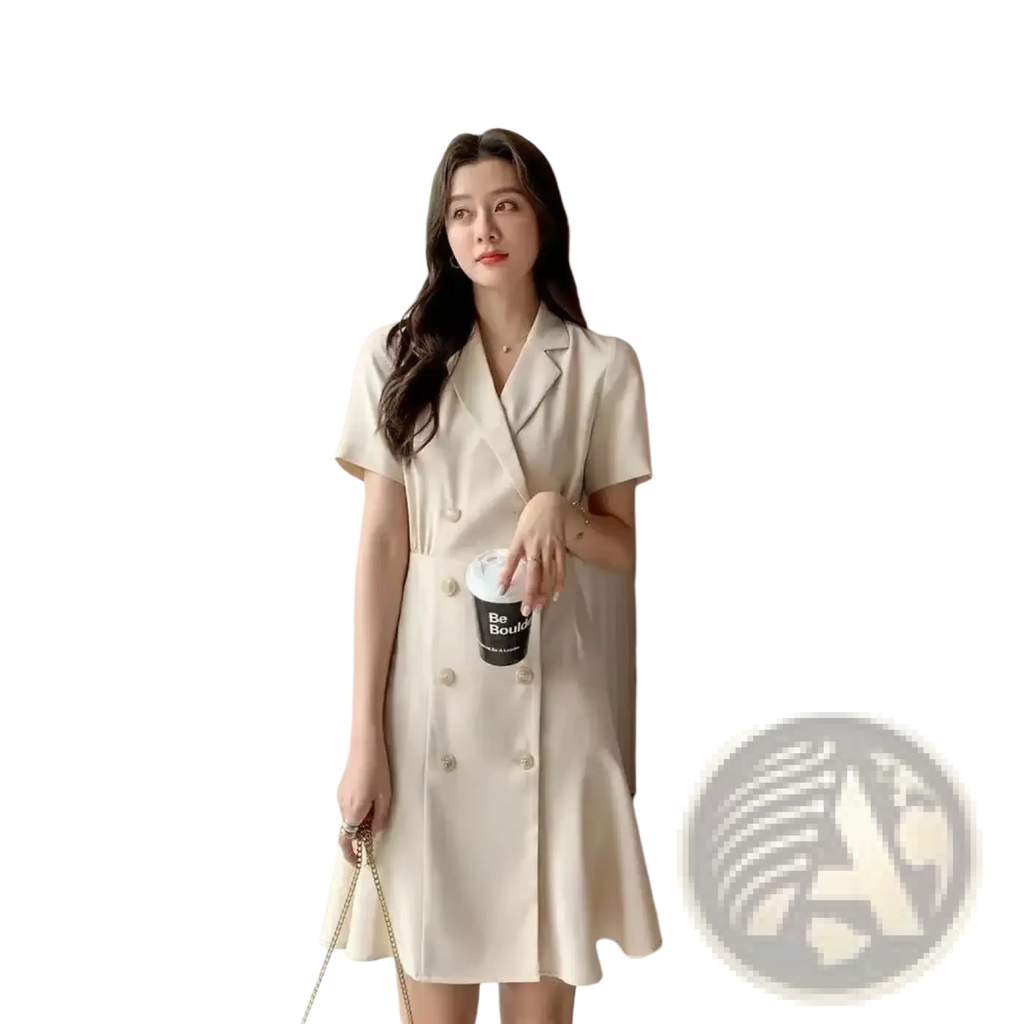 A cream-colored double breasted blazer dress with short sleeves, tailored collar, and a flared skirt