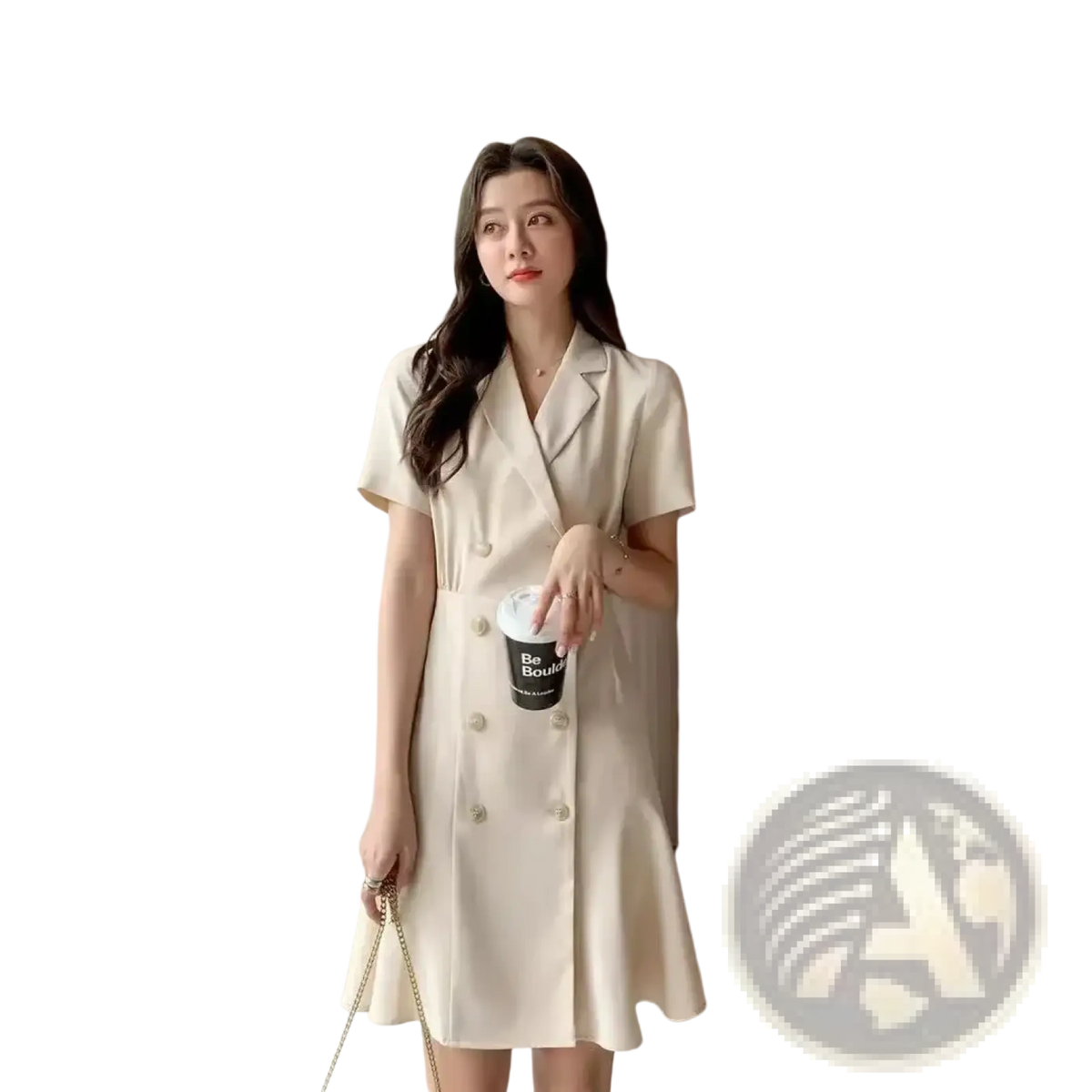 A cream-colored double breasted blazer dress with short sleeves, tailored collar, and a flared skirt