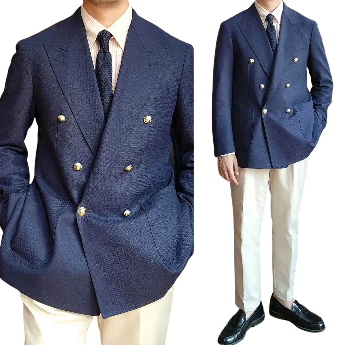Double breasted navy blue tuxedo jacket with gold buttons and textured weave closure type for groom wear
