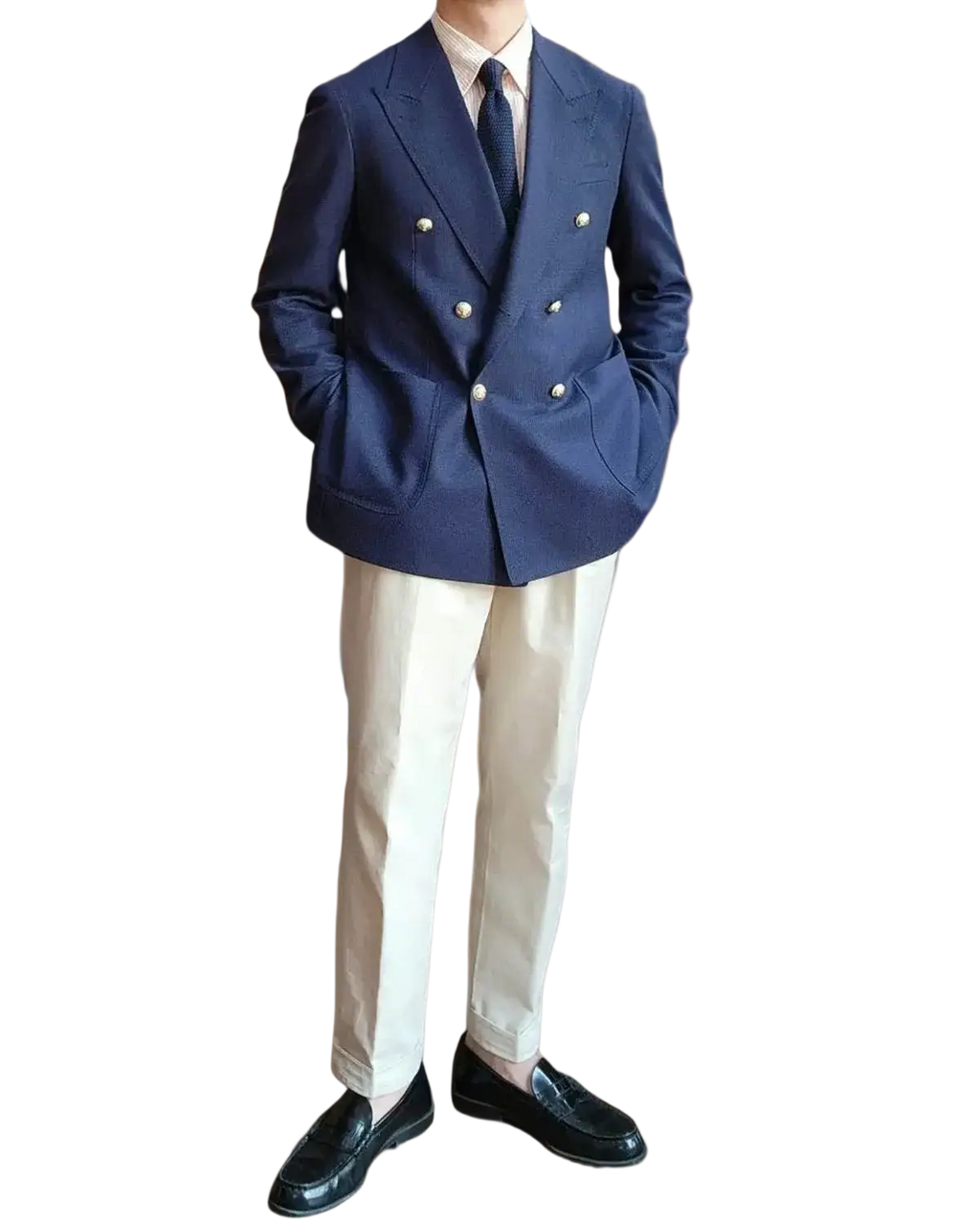 Navy blue double breasted tuxedo jacket with silver button closure for elegant groom wear