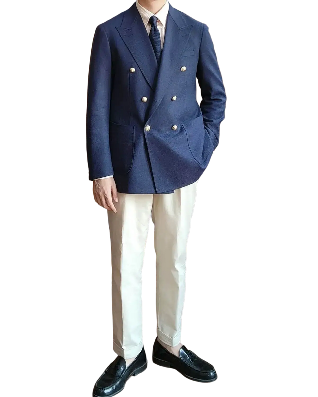 Navy blue double breasted tuxedo jacket for groom wear featuring gold toned buttons and classic closure type