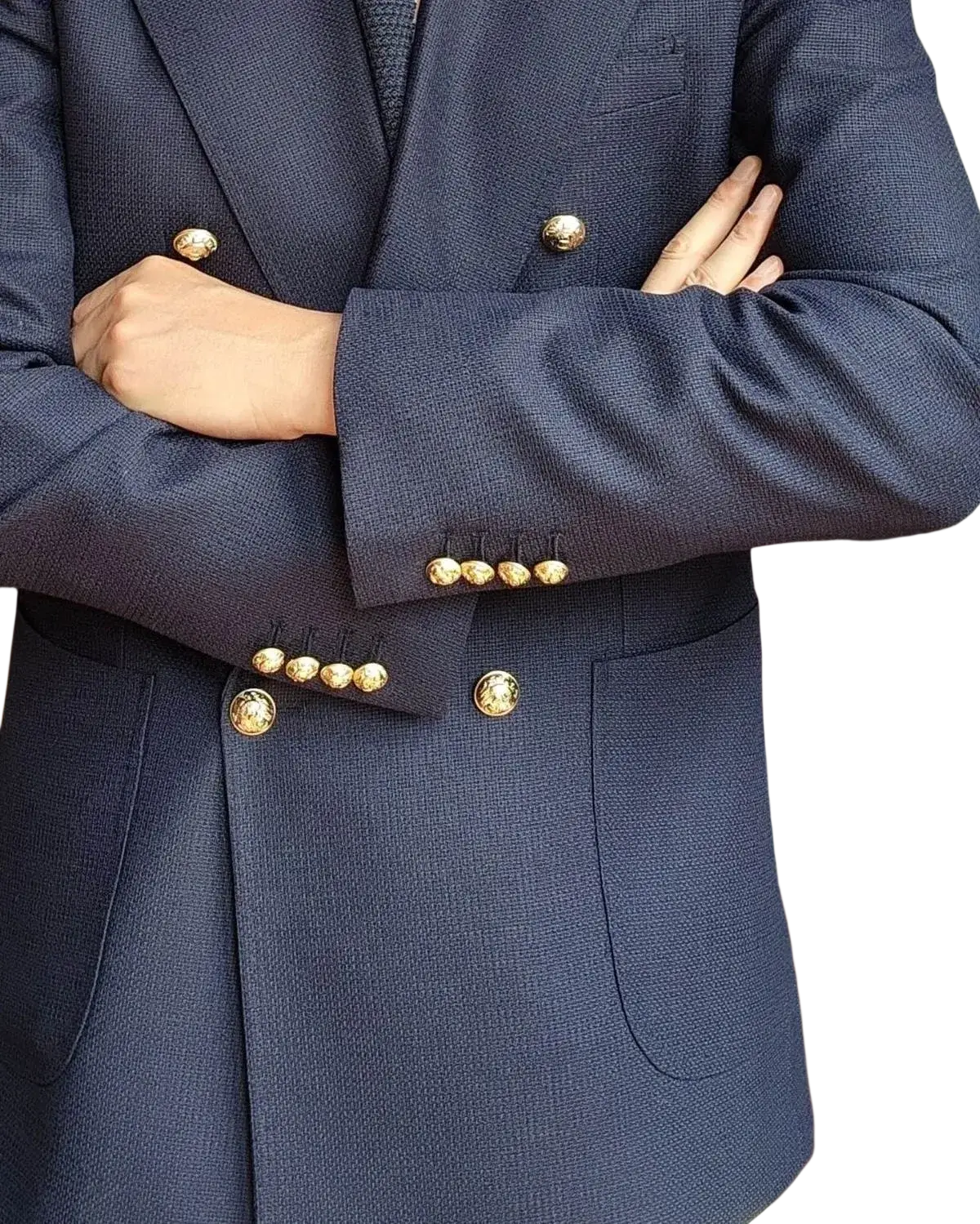 Navy blue double breasted tuxedo jacket for groom wear featuring gold toned button closure type
