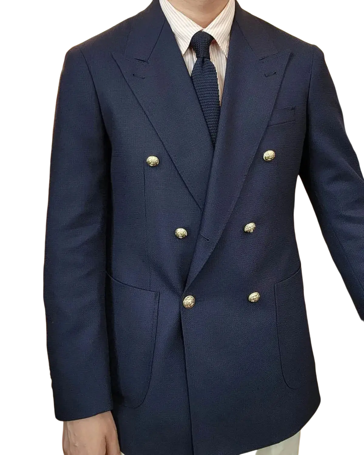 Navy blue double breasted tuxedo jacket with gold toned button closure designed for groom wear