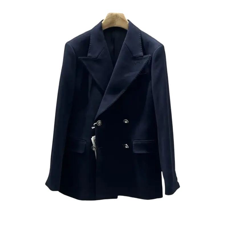 Navy blue double breasted men winter dress coat with silver buttons and notched lapels for formal occasions