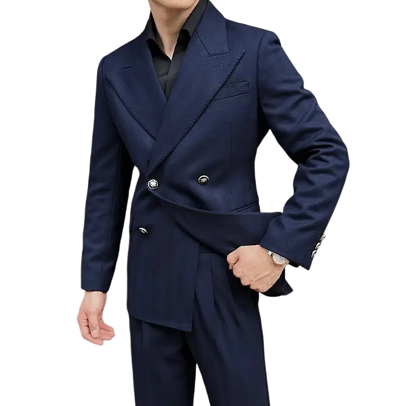 Navy blue double breasted men winter dress coat with silver buttons and tailored fit for formal occasions