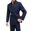Navy blue double breasted men winter dress coat with silver buttons and tailored fit for formal occasions