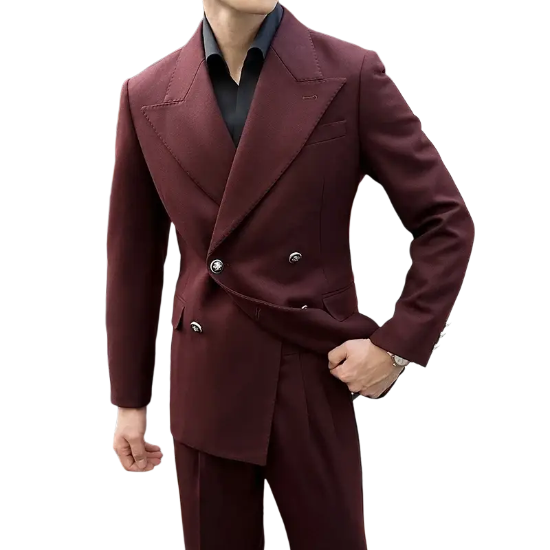 A tailored maroon double breasted men winter dress coat with silver buttons and a structured modern cut