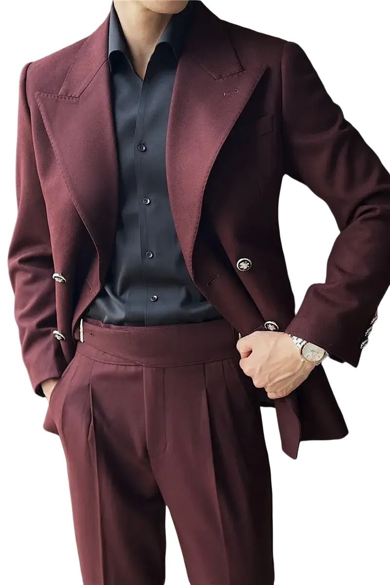 A tailored maroon double breasted men winter dress coat with silver toned buttons for formal occasions