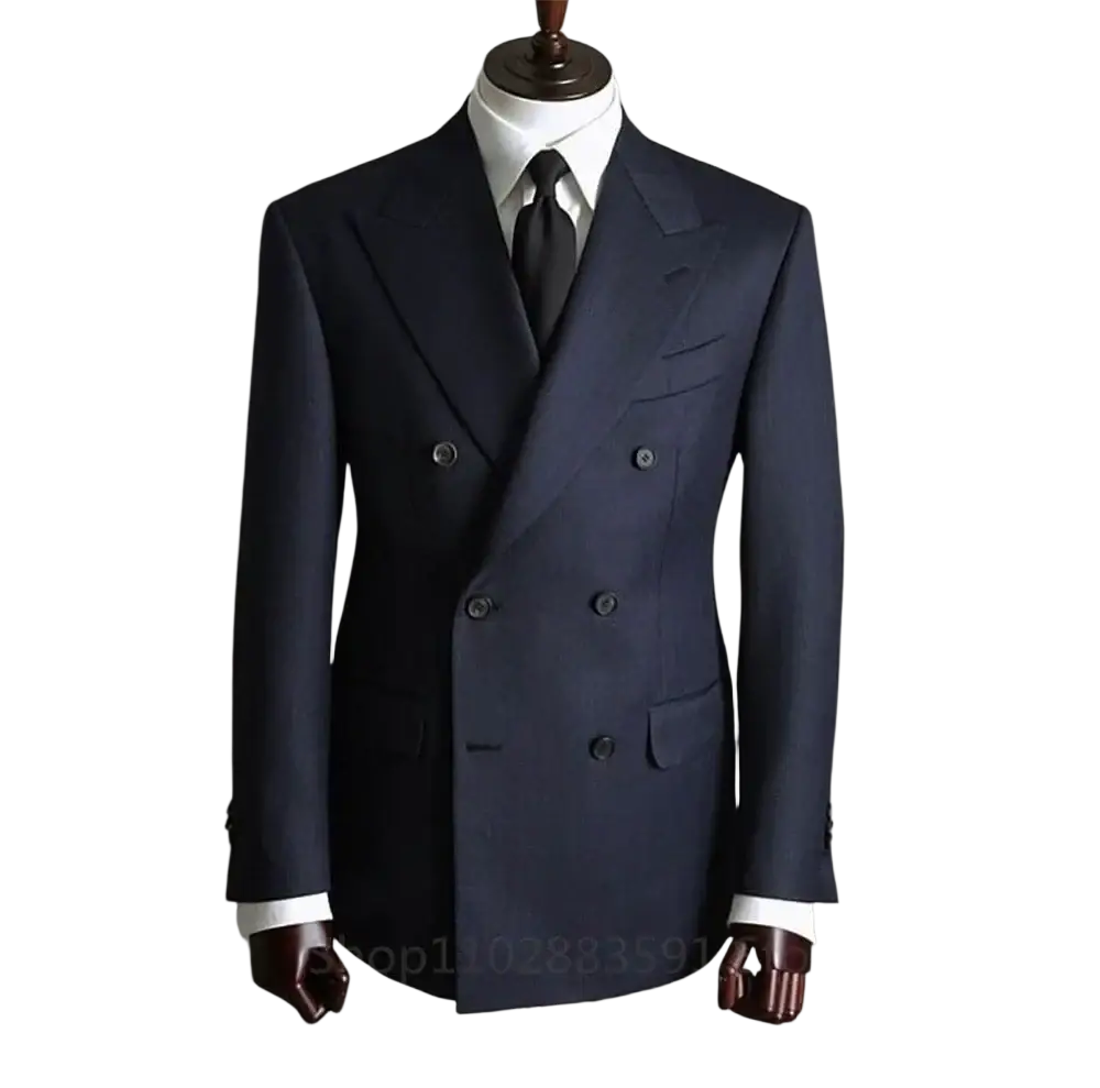 Navy blue double breasted mens business suit jacket with four dark buttons and notched lapels in navy tuxedo style