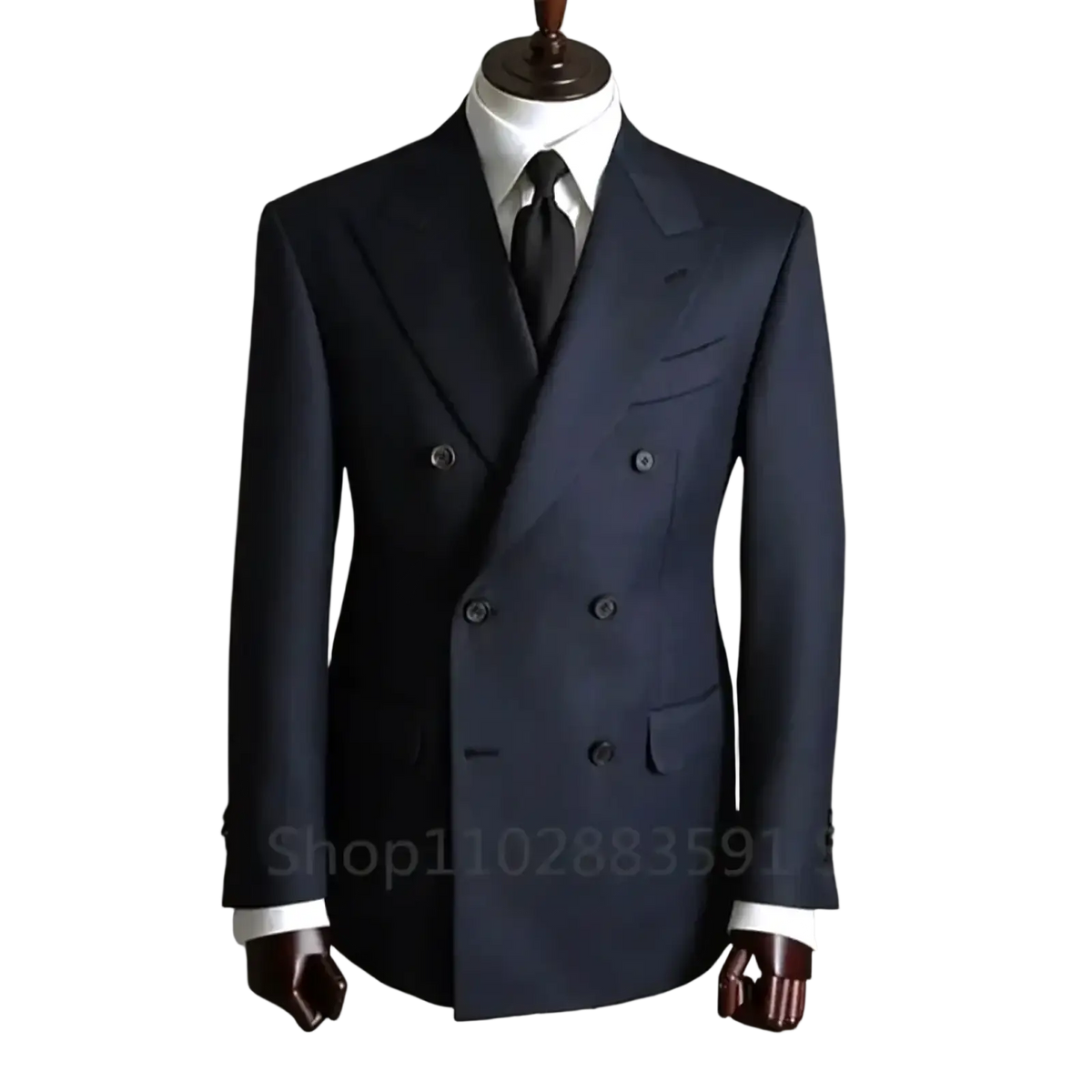 Navy blue double breasted mens business suit jacket with silver buttons and notched lapels for formal occasions