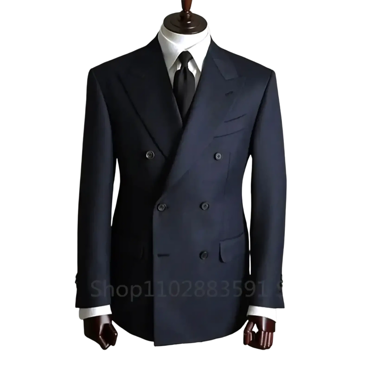 Navy blue double breasted mens business suit jacket with black buttons and white shirt for formal occasions