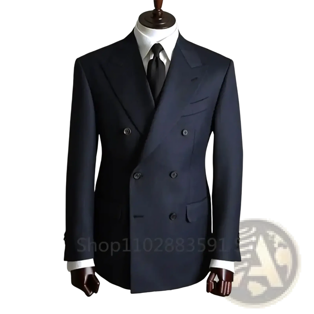 Navy blue double breasted mens business suit jacket with silver buttons and notched lapels for formal occasions