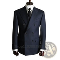 Navy blue double breasted mens business suit jacket with black buttons and white shirt for formal occasions