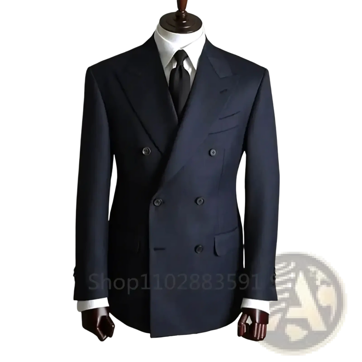 Navy blue double breasted mens business suit jacket with black buttons and white shirt for formal occasions