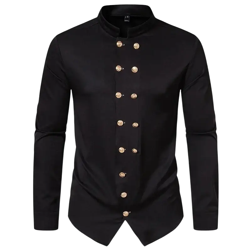 Black maple king men’s double breasted gothic shirt with gold toned buttons and stand up collar in black fabric