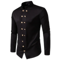 Black satin double breasted men’s gothic shirt with gold toned buttons and stand collar for formal wear