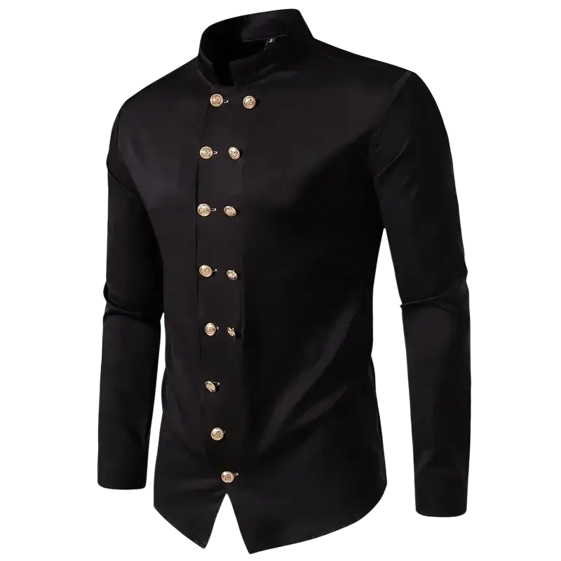 Black satin double breasted men’s gothic shirt with gold toned buttons and stand collar for formal wear