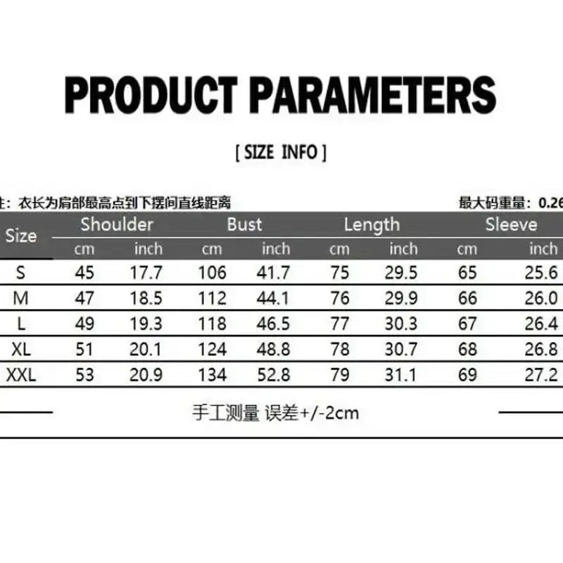 Product parameters table showing size measurements in cm and inches for the double breasted men’s gothic stand collar shirt