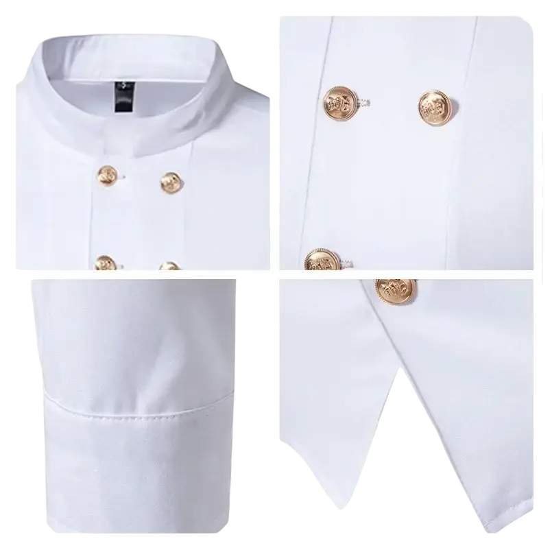 White double breasted men’s gothic shirt with gold ornate buttons and stand collar in a chef coat style