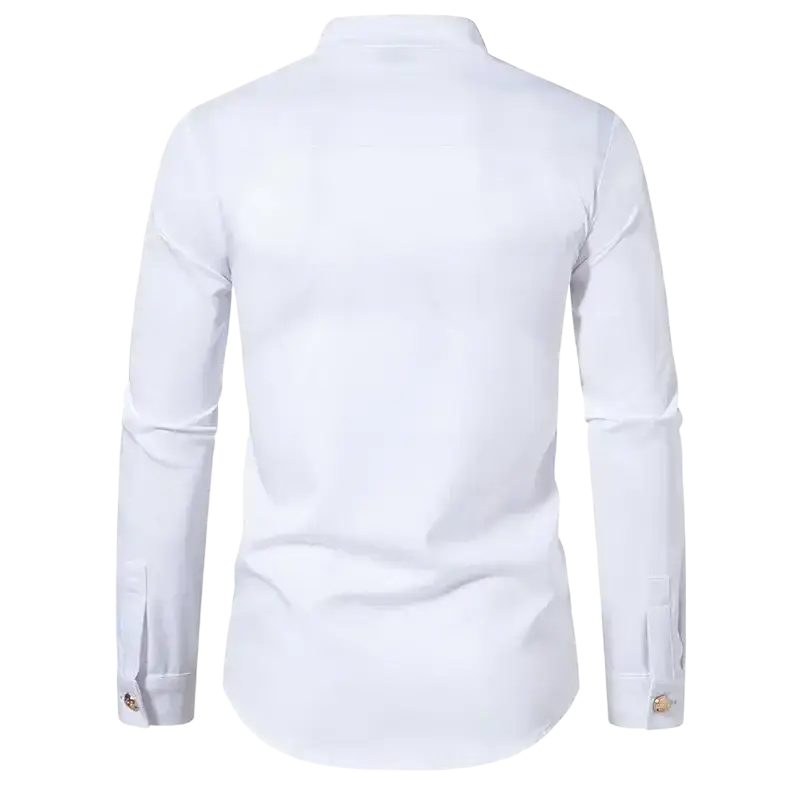 White long-sleeved double breasted men’s dress shirt with classic collar and gold-toned button cuffs