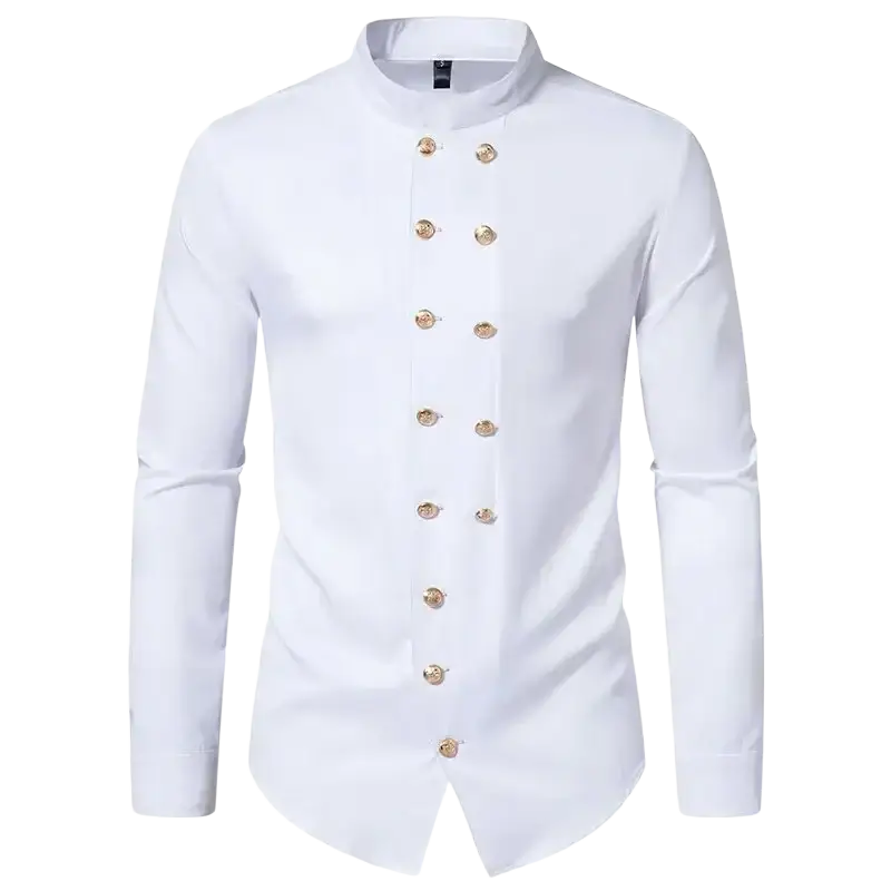 White men’s long-sleeved double breasted shirt with stand collar and gold-tone buttons in gothic style
