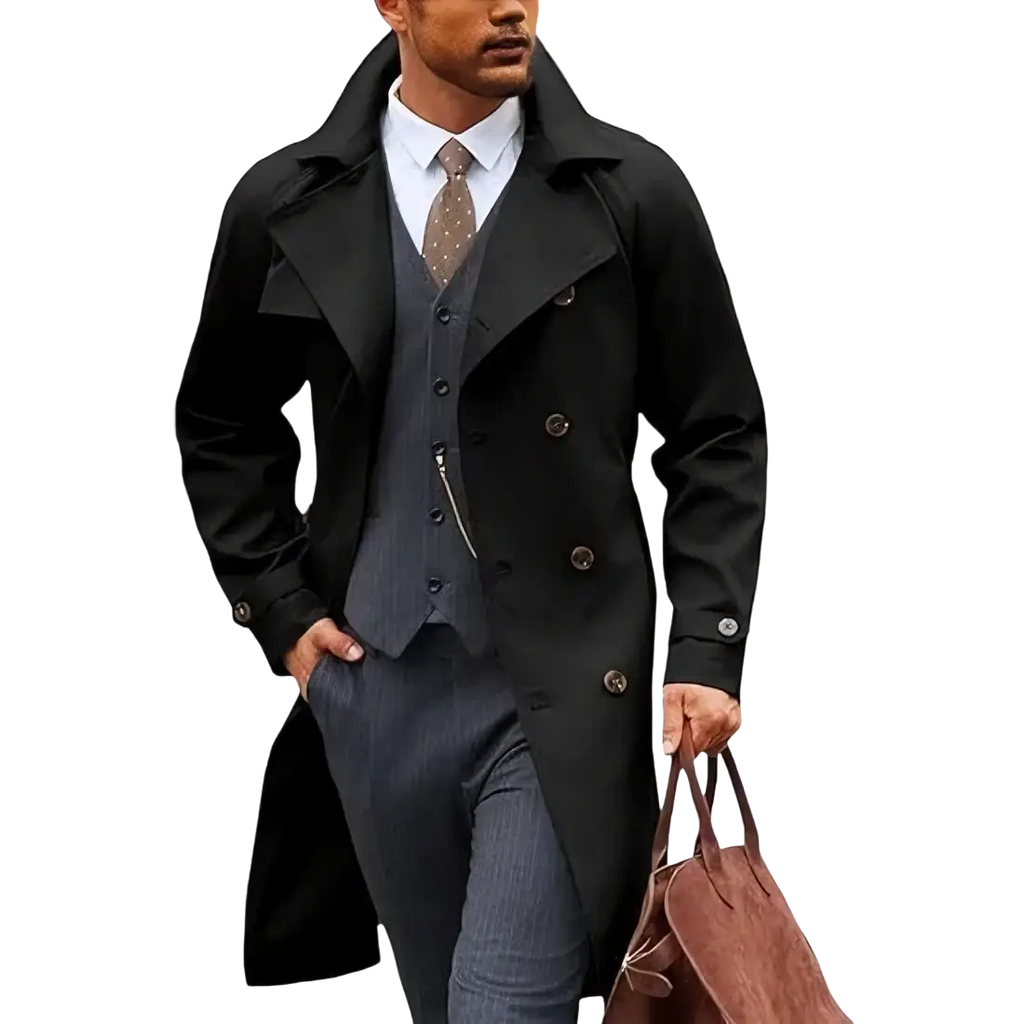 Black double breasted mens trench coat with classic collar and buttoned cuffs mid length winter jacket
