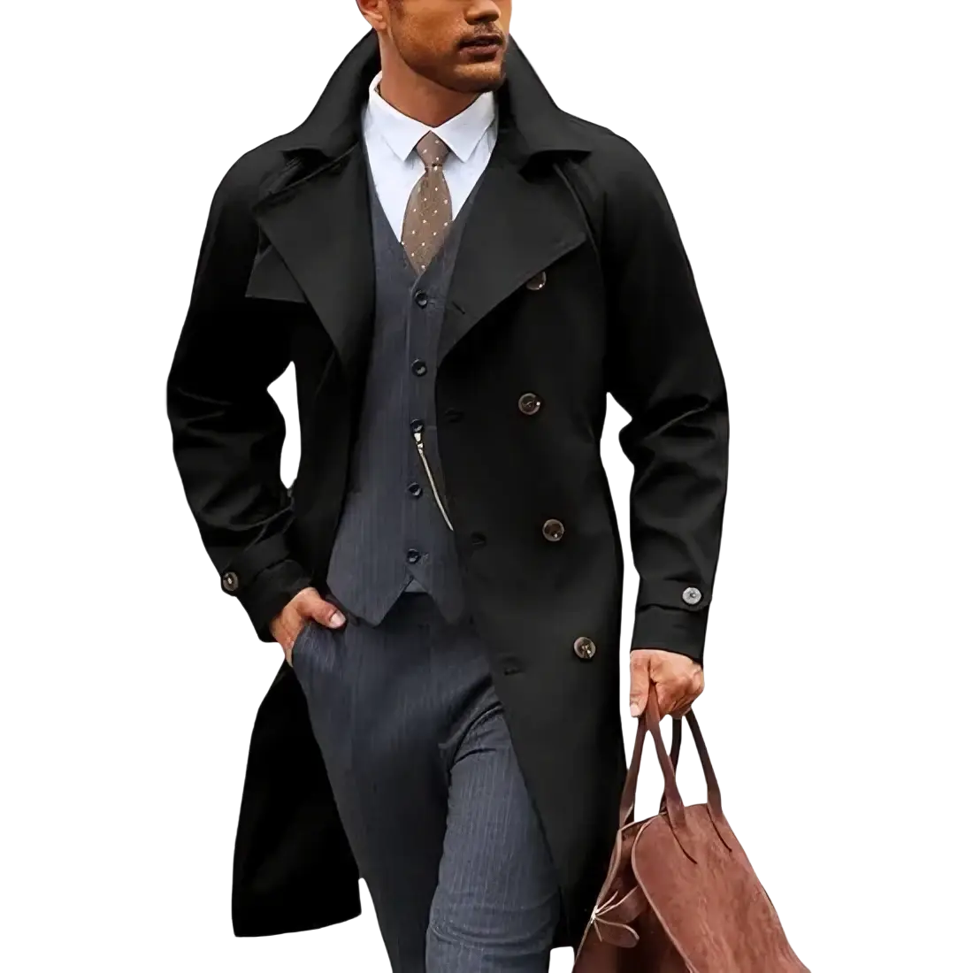 Black double breasted mens trench coat with classic collar and buttoned cuffs mid length winter jacket