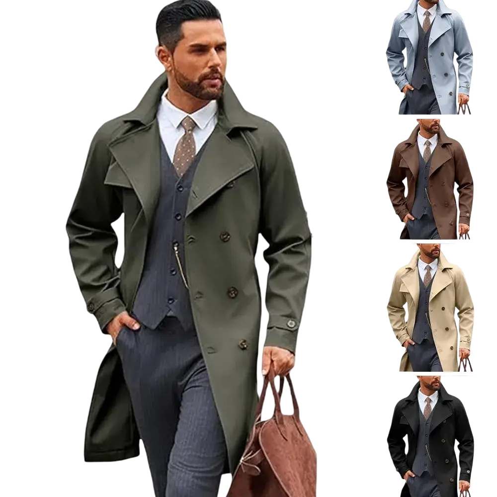 Olive green double breasted mens trench coat with classic collar buttoned cuffs mid length winter jacket