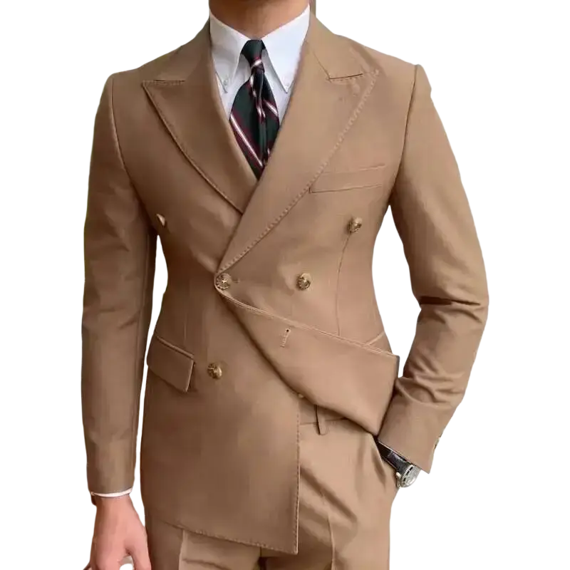 Beige double breasted slim fit blazer jacket with gold toned buttons and tailored fit for men