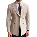 Beige double breasted slim fit blazer jacket with gold toned buttons and tailored fit for men